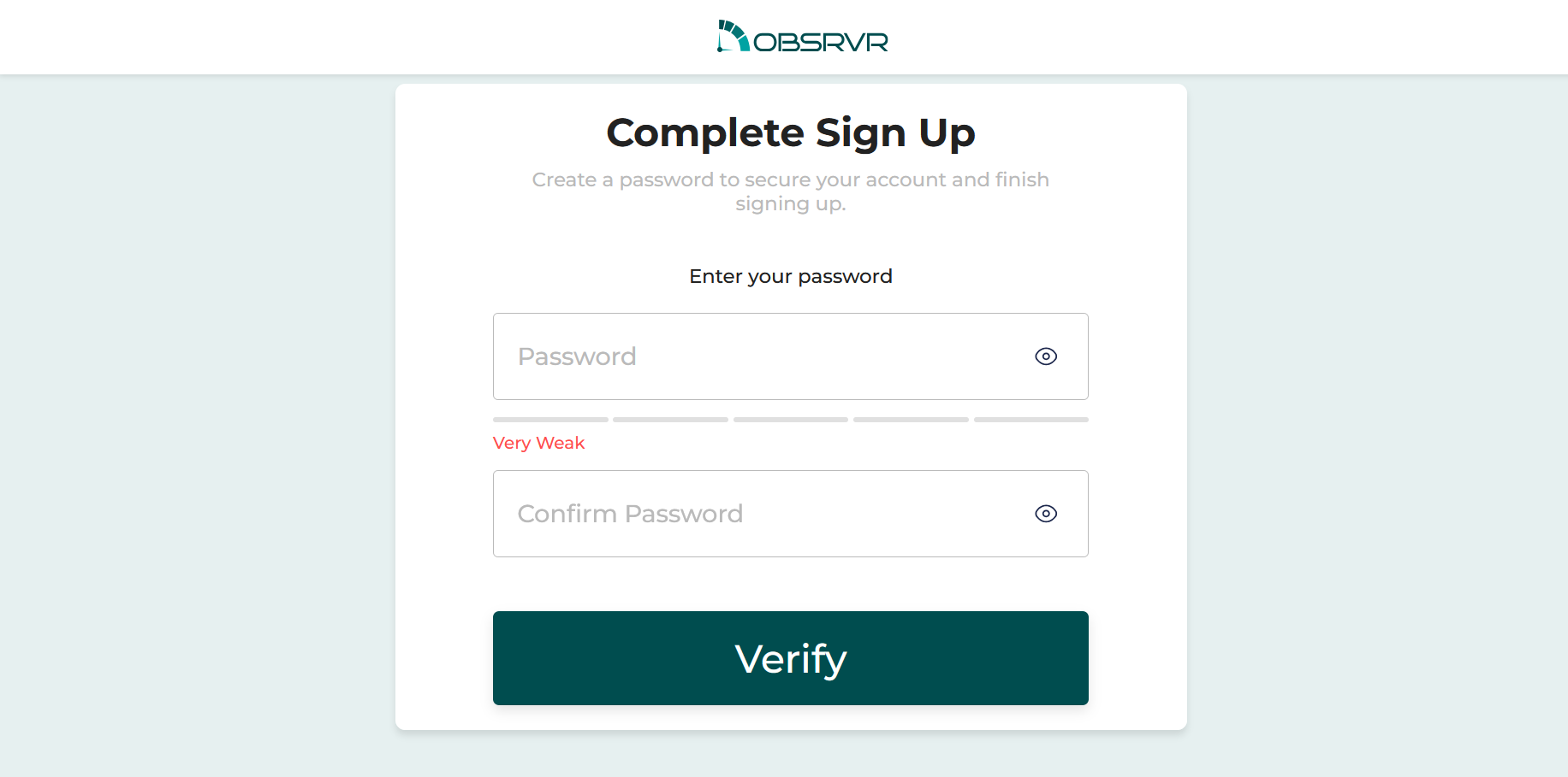 Complete signup for Obsrvr free plan