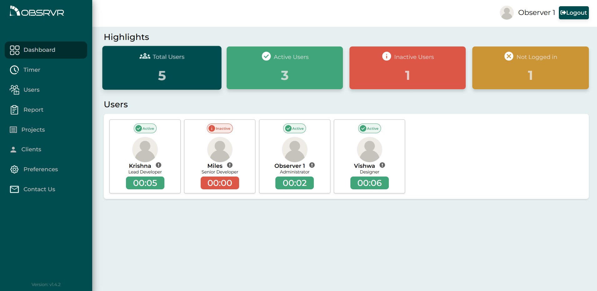 Obsrvr dashboard with team activity and time tracking metrics