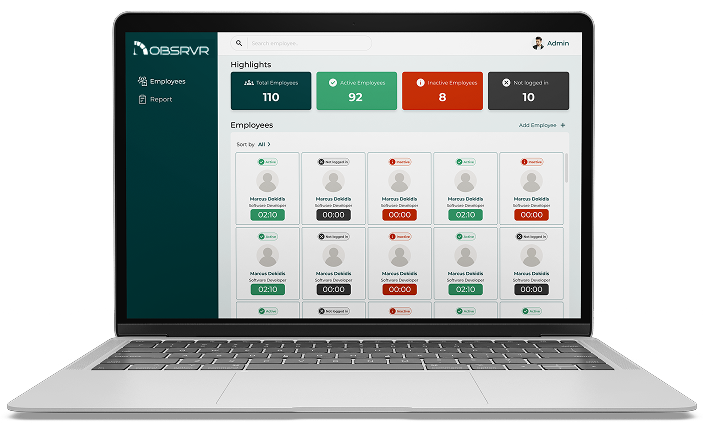 Obsrvr time tracking app on laptop—dashboard and team activity