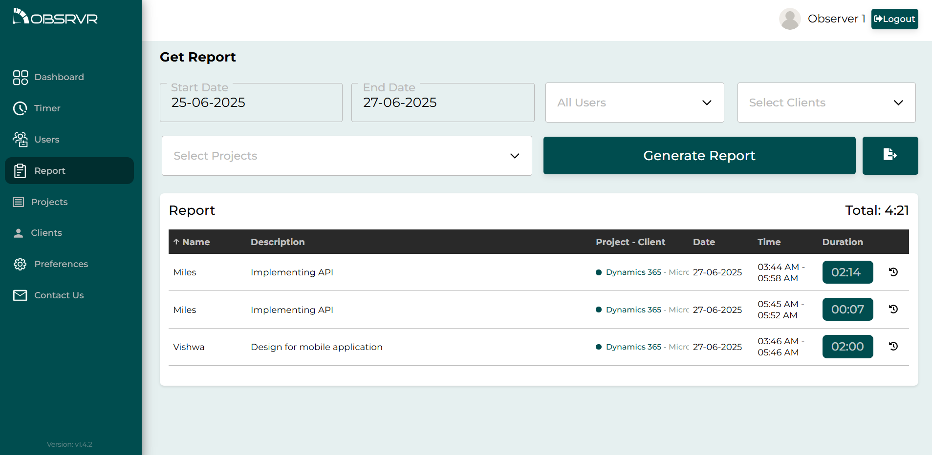 Timesheet and reporting view for exported time data