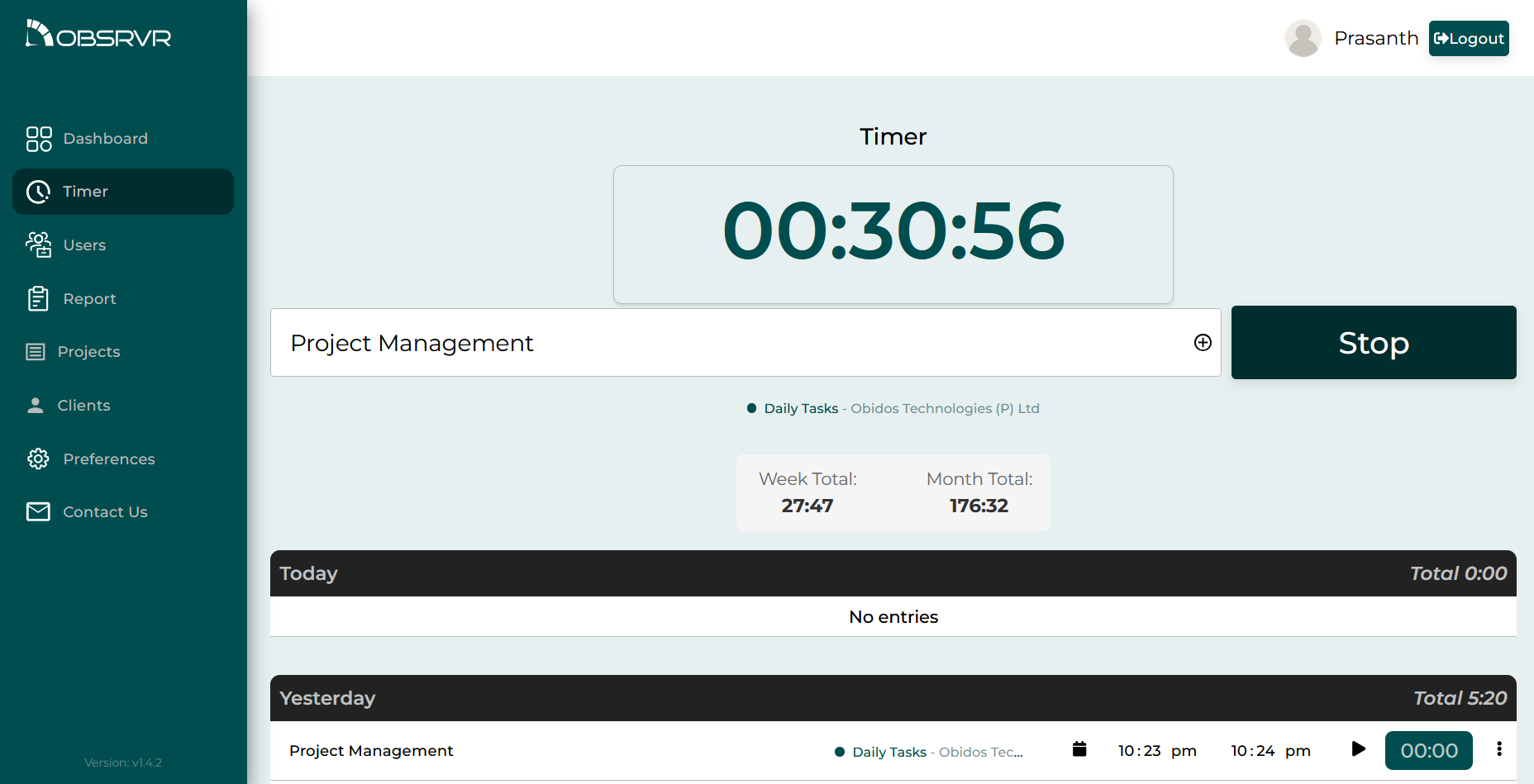 Obsrvr timer—start and stop time tracking for tasks